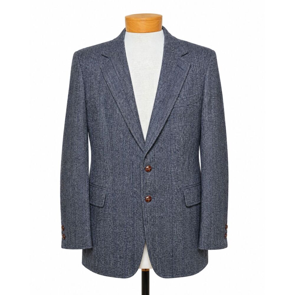 Vintage 90s Savile Row 100% Wool Tweed Blazer Sport Coat Mens 40R Navy Blue Gray